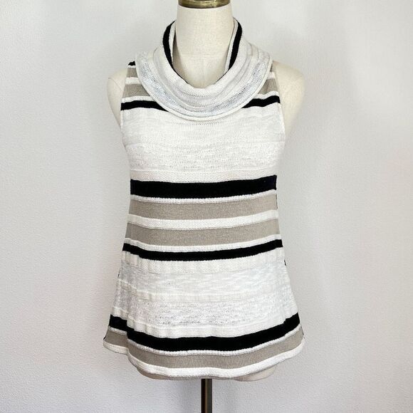 Dolan Sleeveless Sweater - Tan, Black, White Stripe-Cowl Neck-Medium - Picture 1 of 11